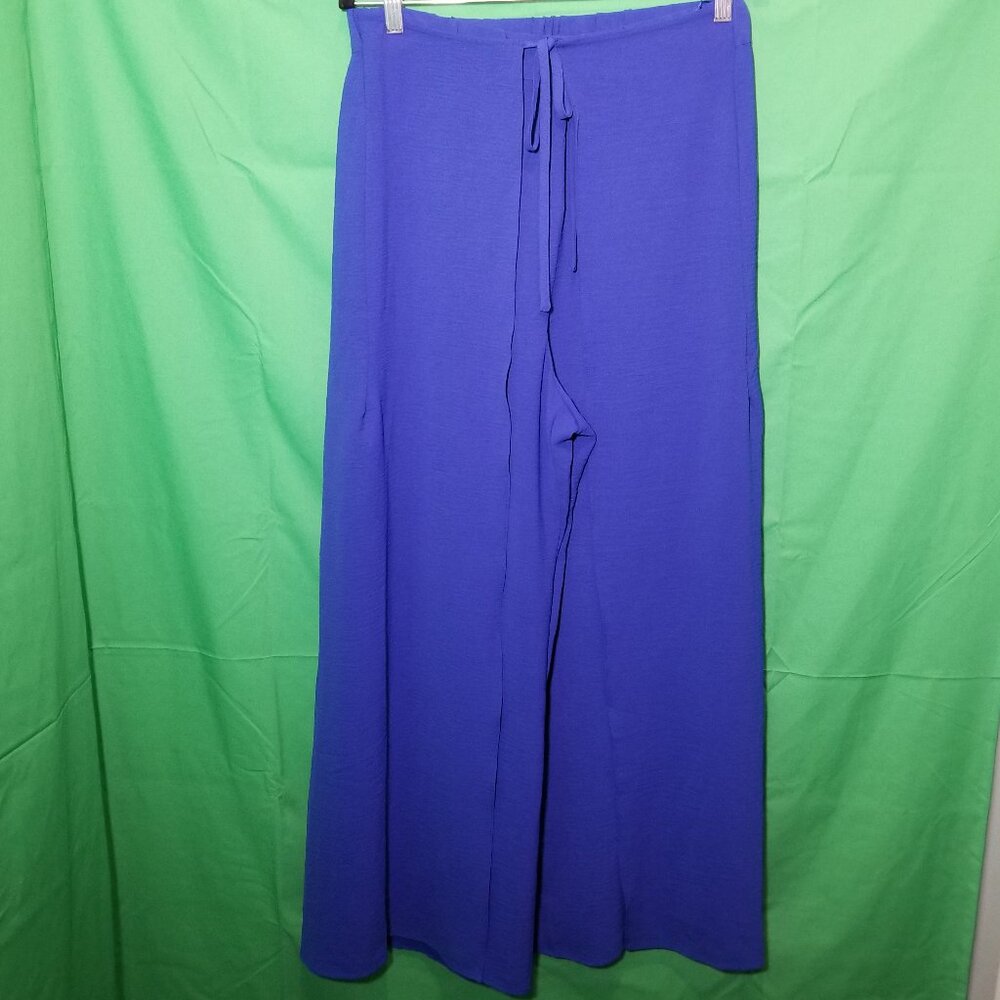 CeCe Overlap Tie Waist Wide Leg Pants Blue Womens Large Retro Boho Hippie NWT